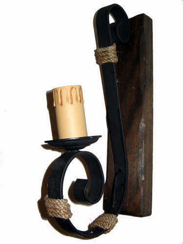 Wall lamp socket candle - forging, wood, rope