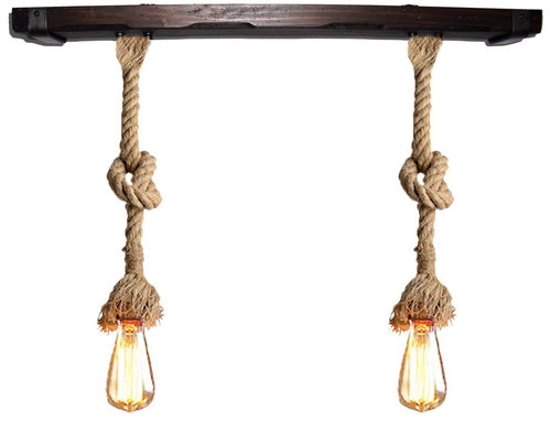 Lámpara de 2 luces con madera y cuerda de yute 30 mm vintage