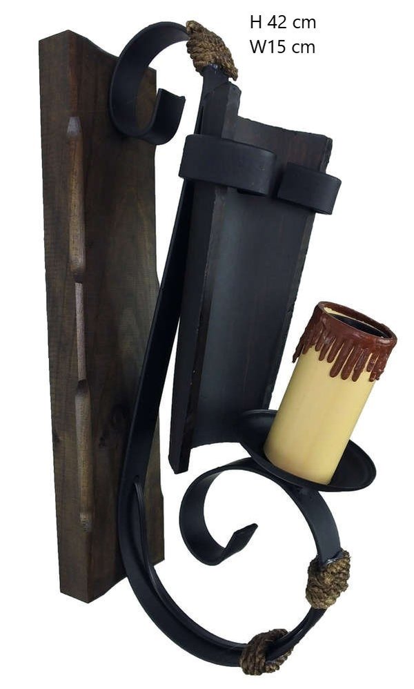 Wall lamp 1 socket candle - forging, wood, walnut roof tile and rope