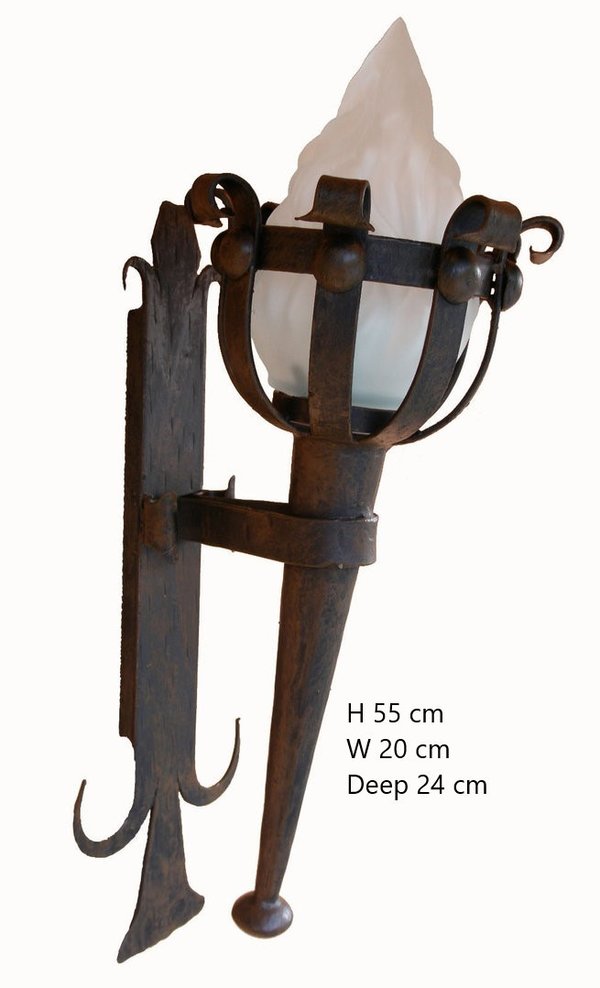 Wall lamp, medieval wrought iron torch 2007P with glass
