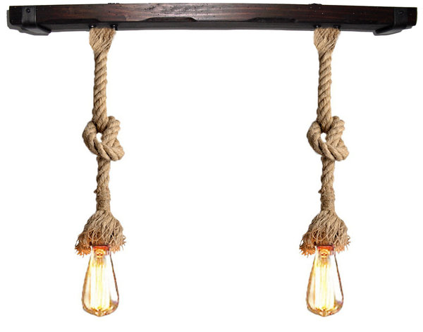 2-light lamp, with wood and vintage 30 mm jute rope