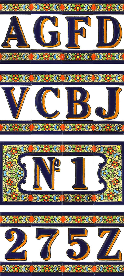 Letreros con letras y números en azulejos de cerámica a color.