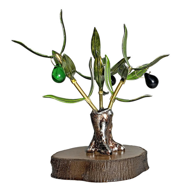 Olivo pequeño en hierro de 3 ramas decorado con madera